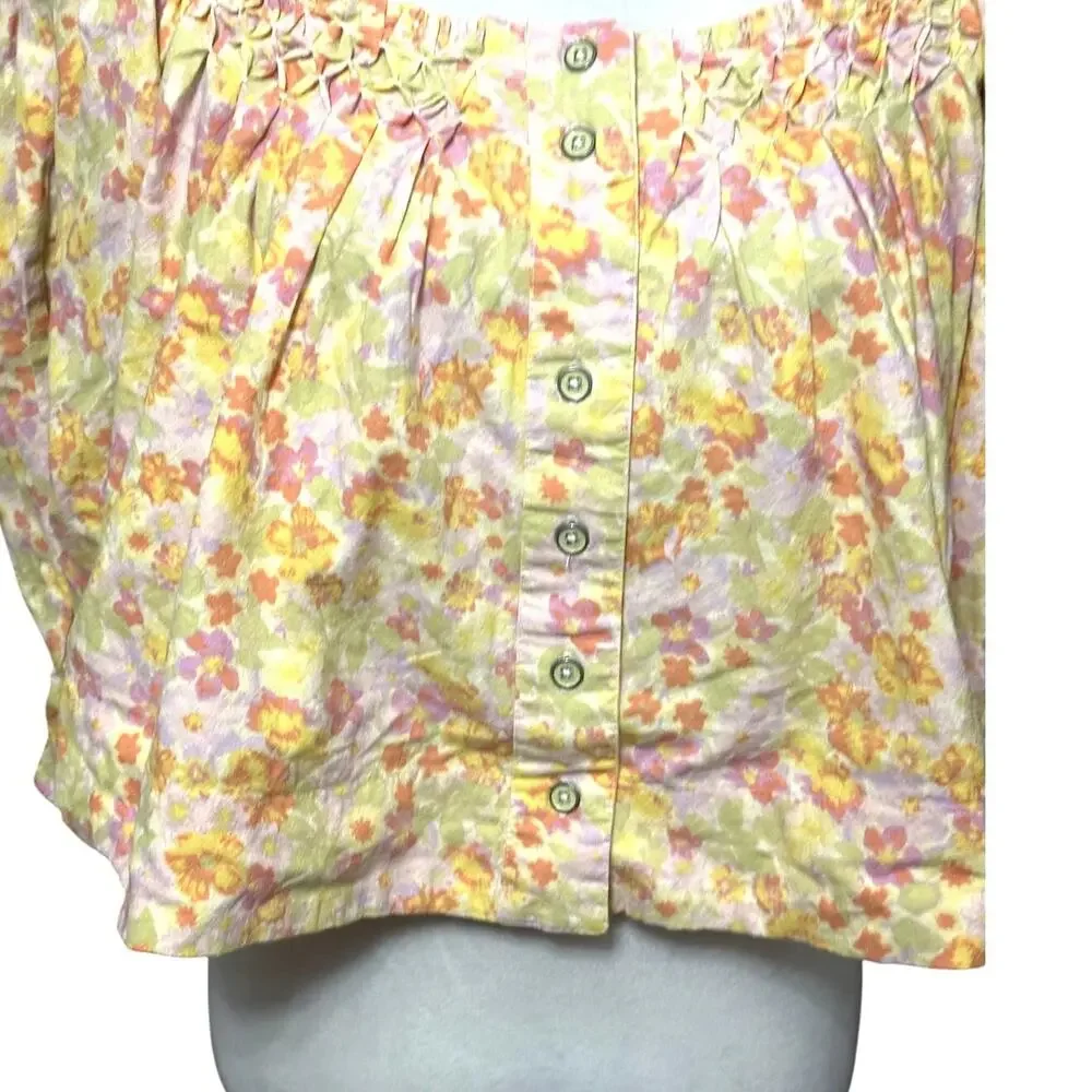 Free People Smocked Crop Top Off Shoulder Floral Button Front Multicolor W S NWT
